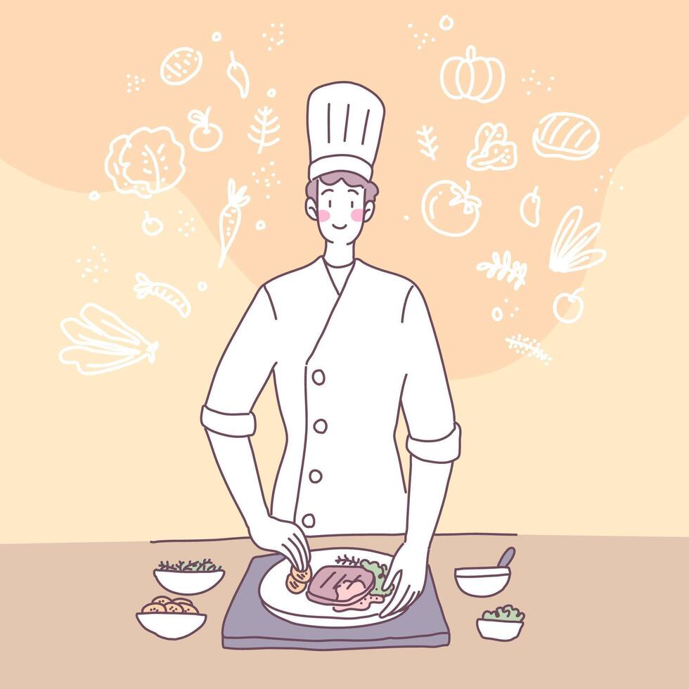 Vector flat illustration with a man who cooks in the kitchen