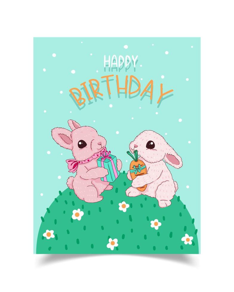 Tarjeta de felicitación de feliz cumpleaños decorada con conejo con zanahoria y caja de regalo vector