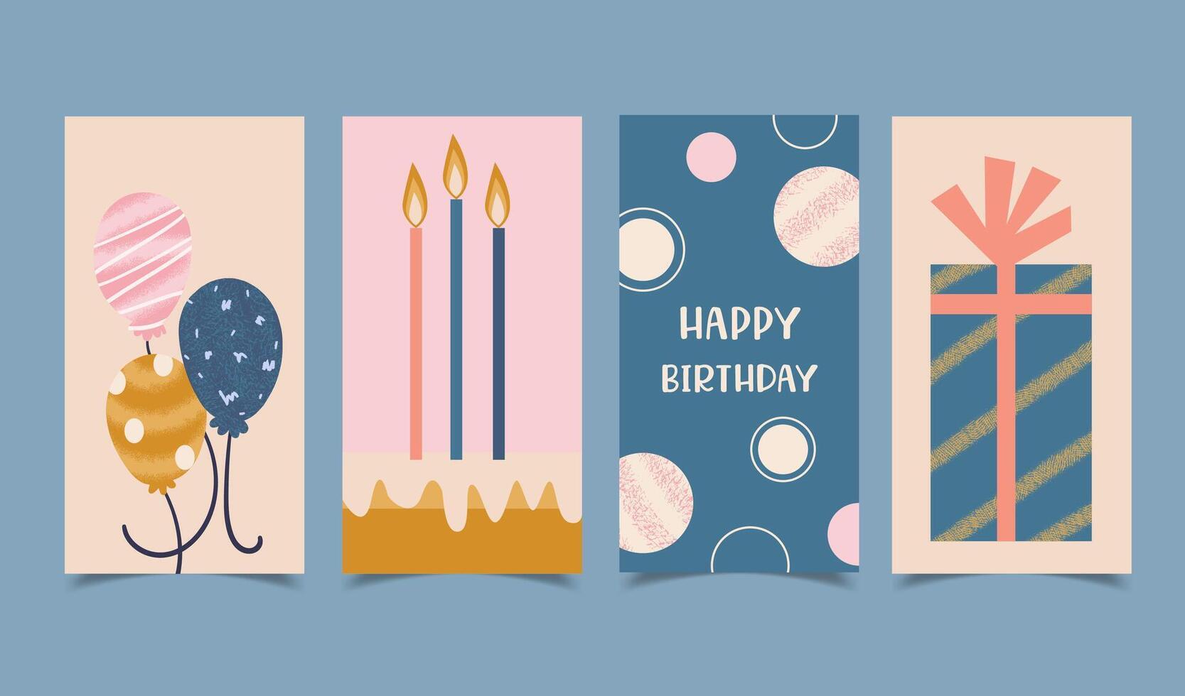 Happy birthday card set decorated with candles, cakes, gift boxes and balloons vector