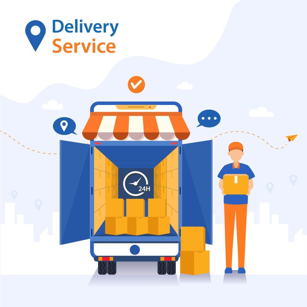 Staff deliver goods by car to customers who order. vector