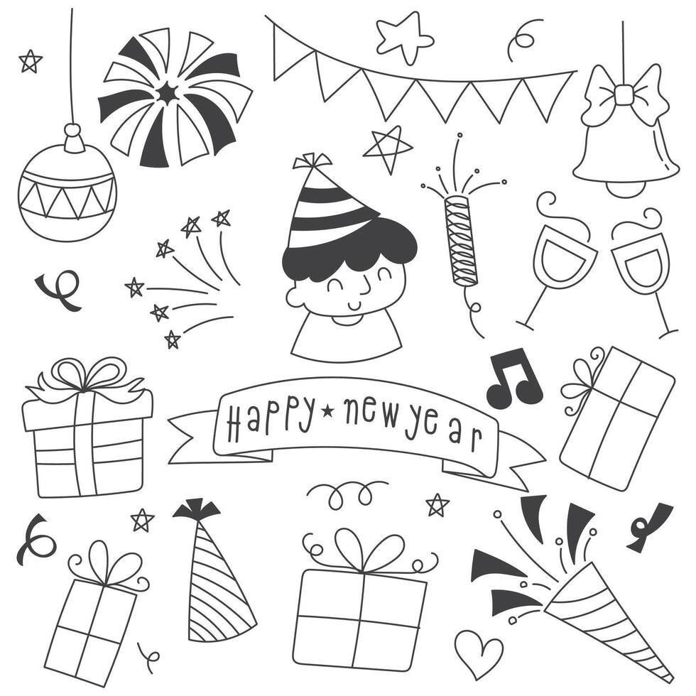 New Year doodle with gift box, cupcake, wine, candle, cake, bird and tree for background. vector
