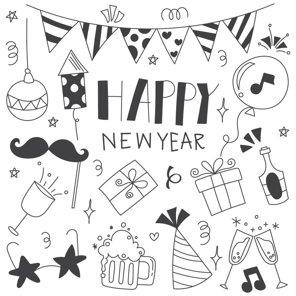 New Year doodle with gift box, cupcake, wine, candle, cake, bird and