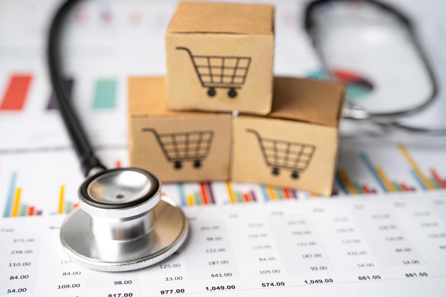 Stethoscope and shopping cart logo on box with calculator on graph background. Banking Account, Investment Analytic research data economy, trading, Business import export transportation online company concept. photo