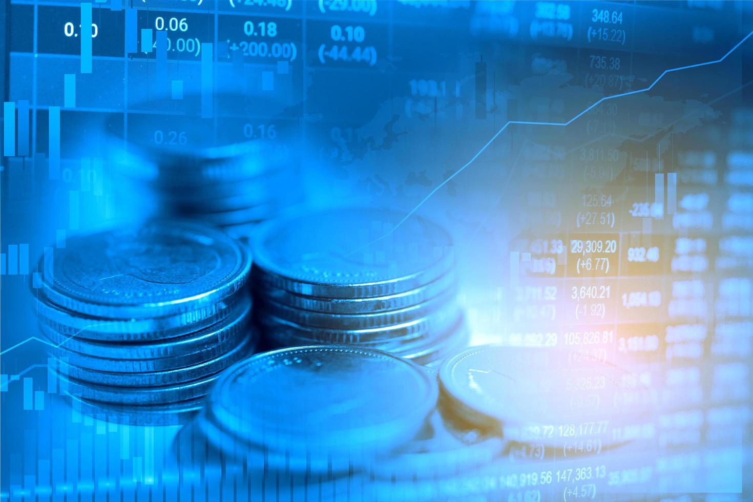 Stock market investment trading financial, coin and graph chart or Forex for analyze profit finance business trend data background. photo