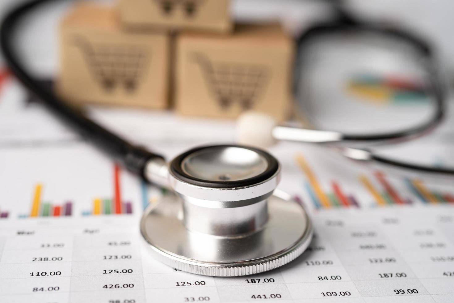 Stethoscope on charts and graphs paper with shopping card logo box, Finance, Account, Statistics, Investment, Analytic export data economy and Business company concept. photo