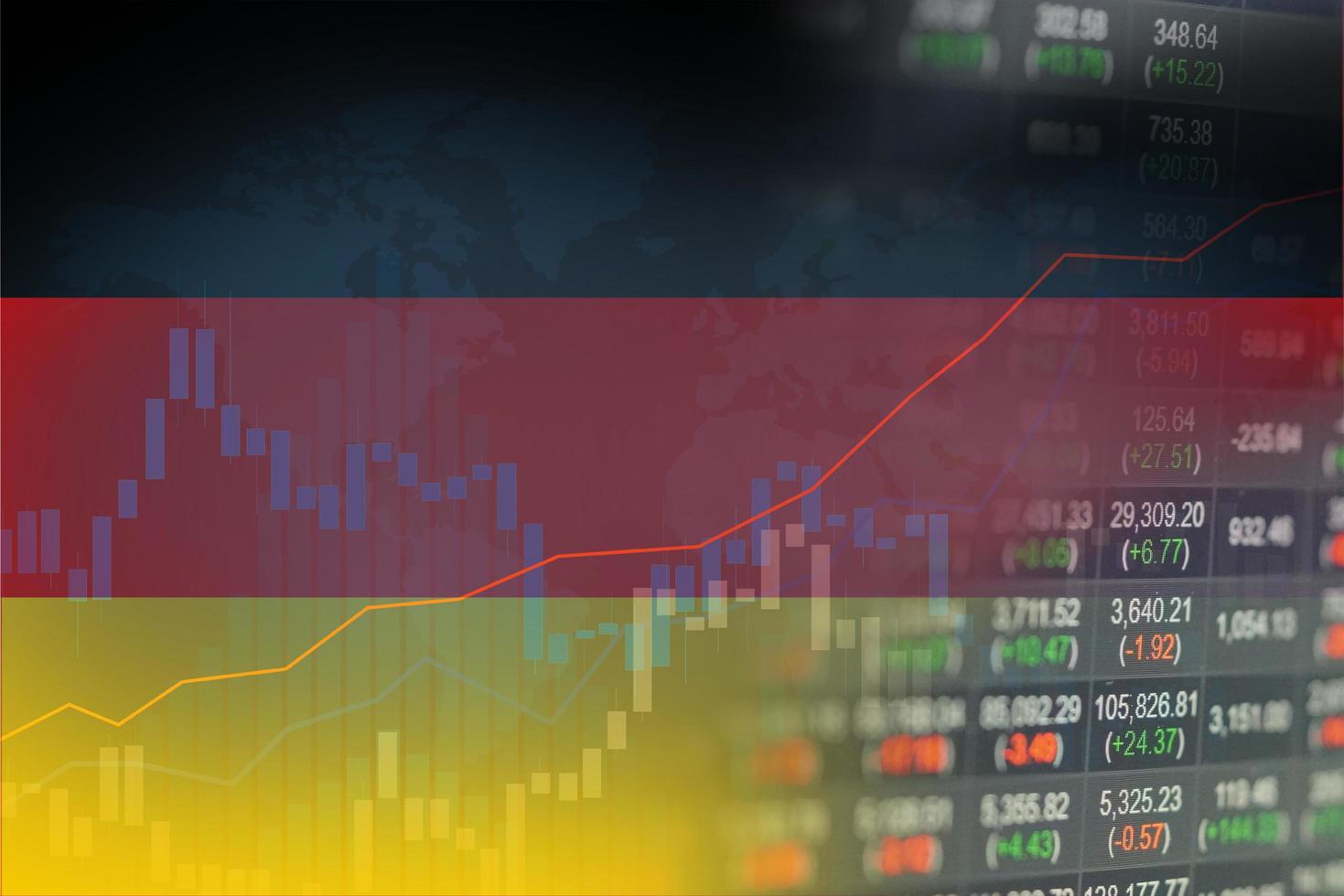 inversión en el mercado de valores, comercio financiero, moneda y bandera de Alemania o forex para analizar el fondo de datos de tendencias de negocios de finanzas de ganancias. foto