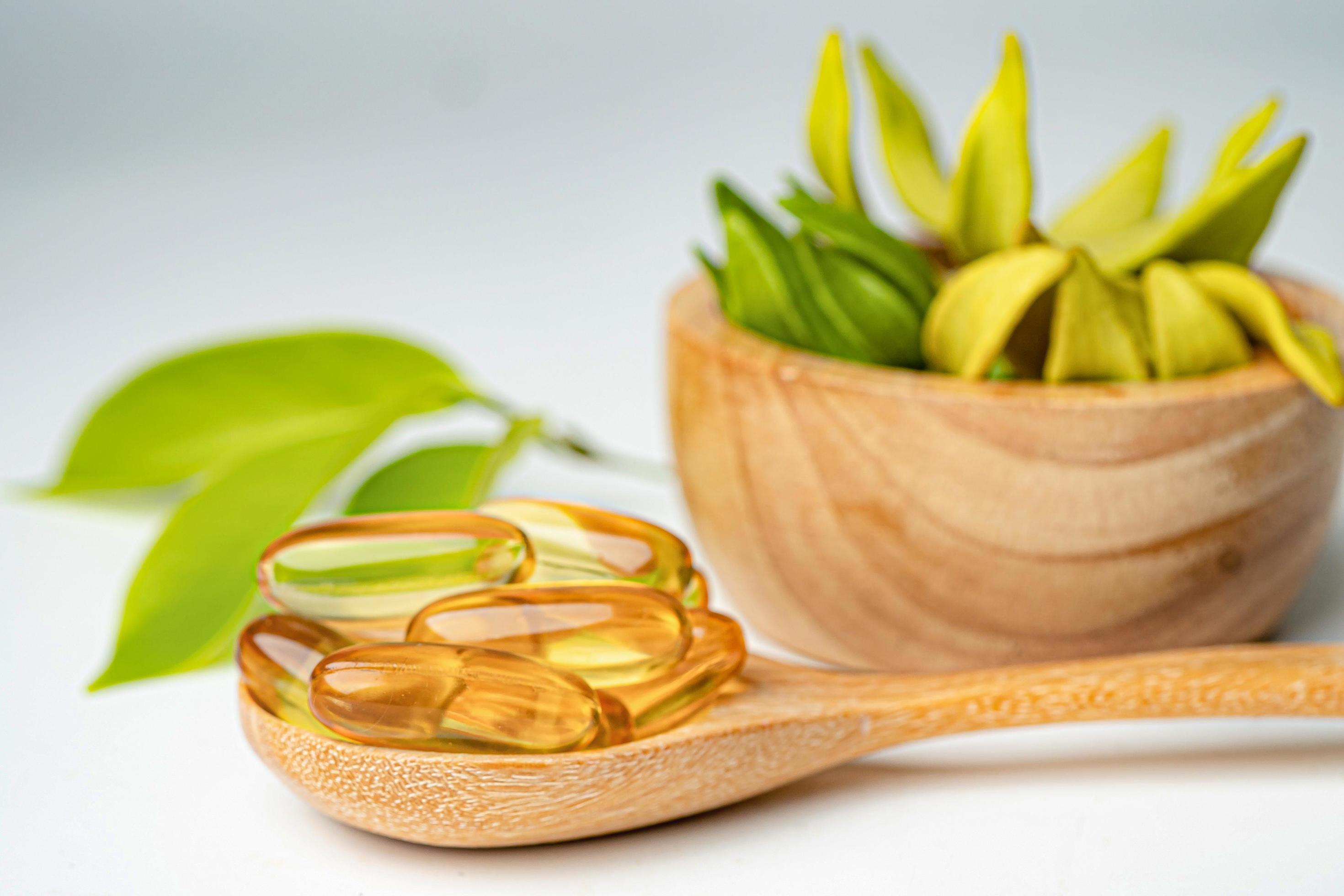Alternative medicine herbal organic capsule with vitamin E omega 3 fish