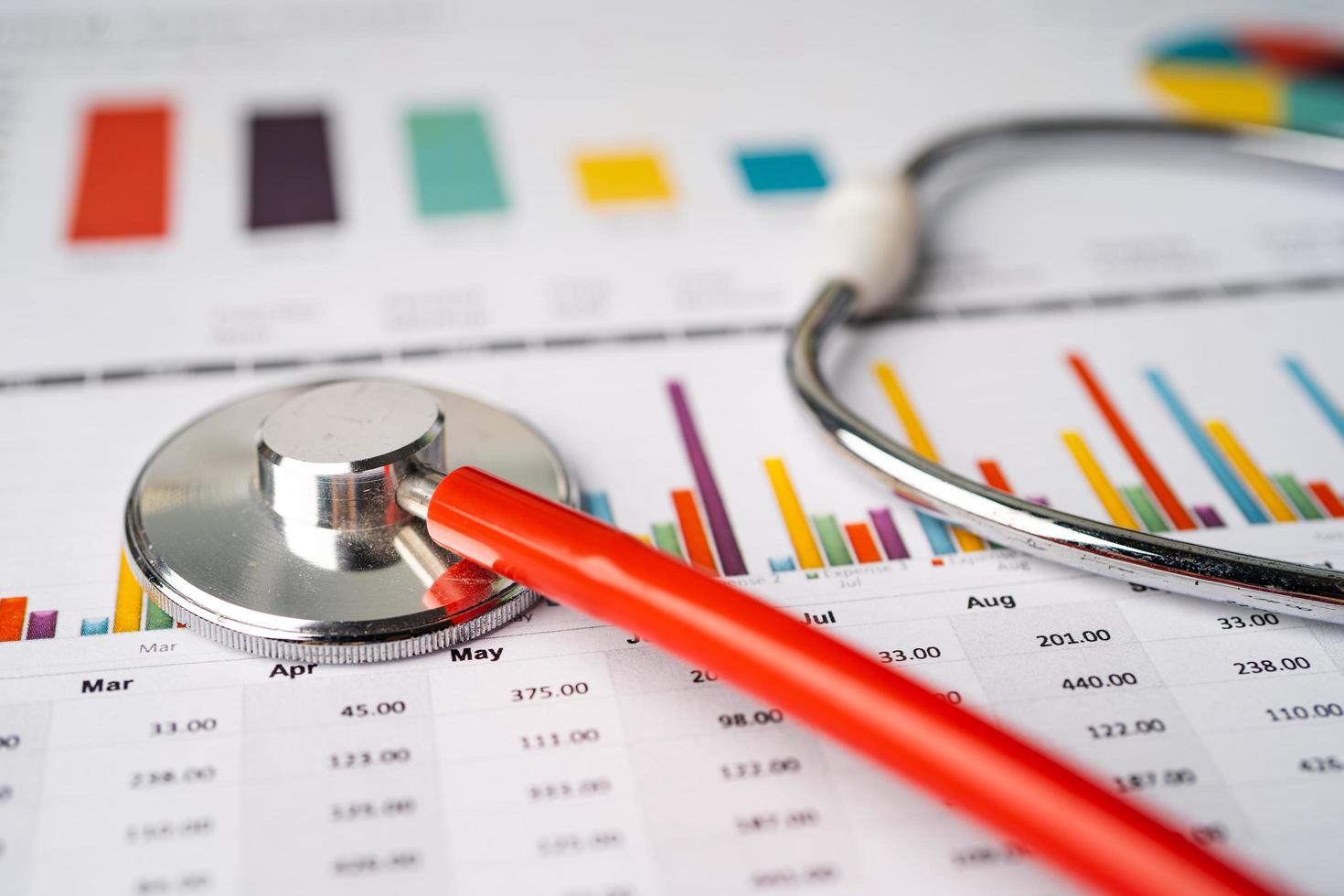 Stethoscope on chart graph paper, finance, account, statistic, analytic economy Business concept. photo