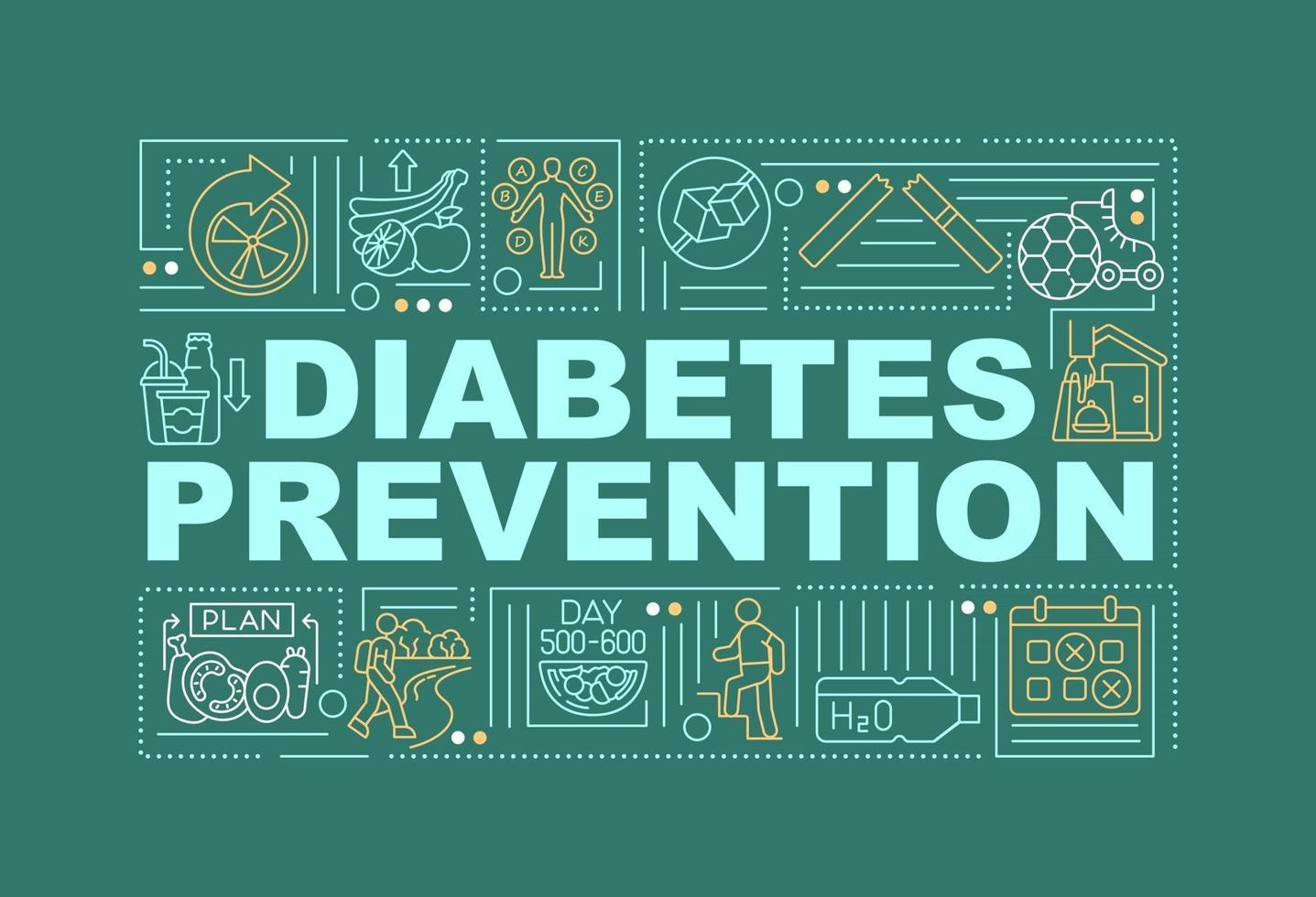 Diabetes preventions word concepts banner. Medical treatment. Infographics with linear icons on green background. Isolated creative typography. Vector outline color illustration with text