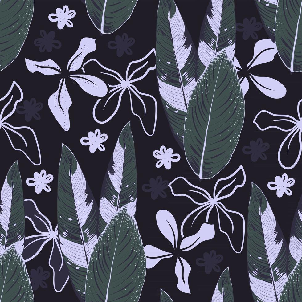 Seamless pattern ornamental plant and flowers on black background.Vector illustration line art drawing fabric design. vector