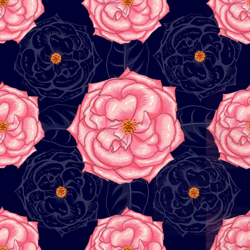 Seamless pattern beautiful ping rose flowers on abstract dark bllue background.Vector illustration hand drawing line art. vector