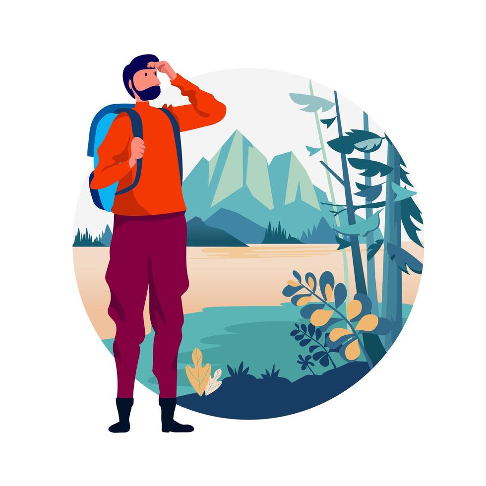 Backpacker travel adventure concept. outdoor vacation recreation in nature theme of hiking, climbing, trekking. vector illustration. Flat cartoon character graphic design. Landing page template.