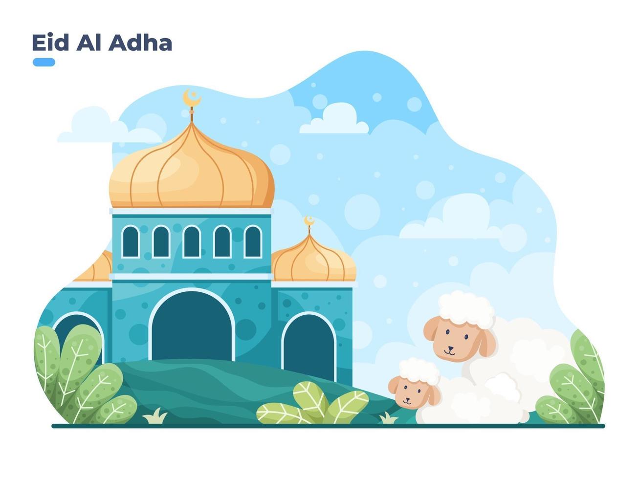 Sacrificed or qurban tradition during Eid al Adha Mubara. Happy Eid Adha Islamic Sacrifice Festival flat illustration vector. can be used for greeting card, invitation, post card, banner, poster. vector