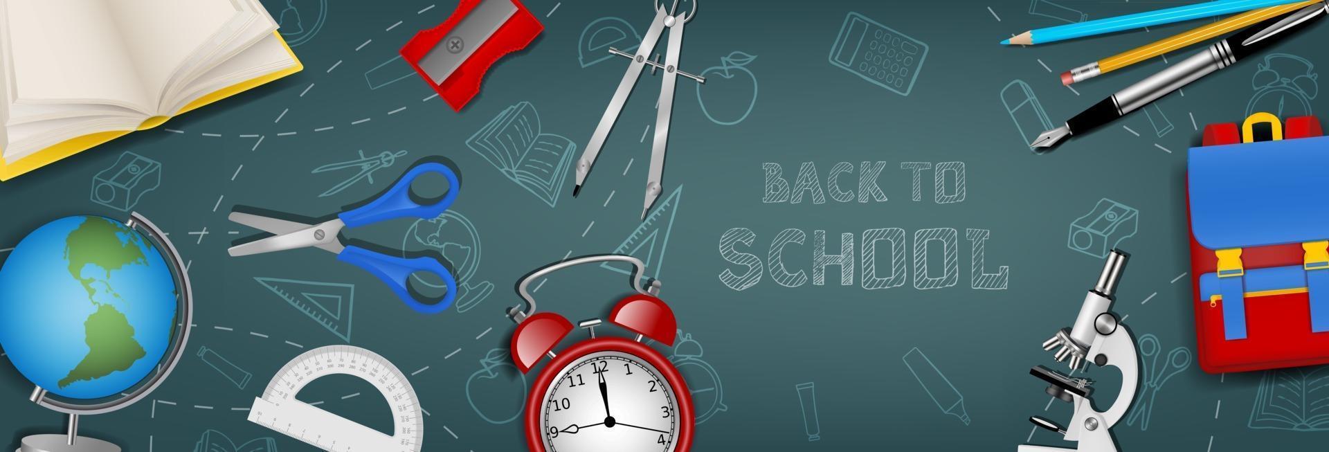 Back to school banner with realistic school supplies on chalkboard background vector