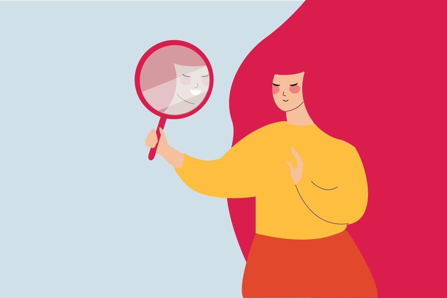 Beautiful woman looks to herself with pride. Lady sees her happy reflection in the mirror. Flat design style of a girl with self confidence. Women empowerment movement concept. vector