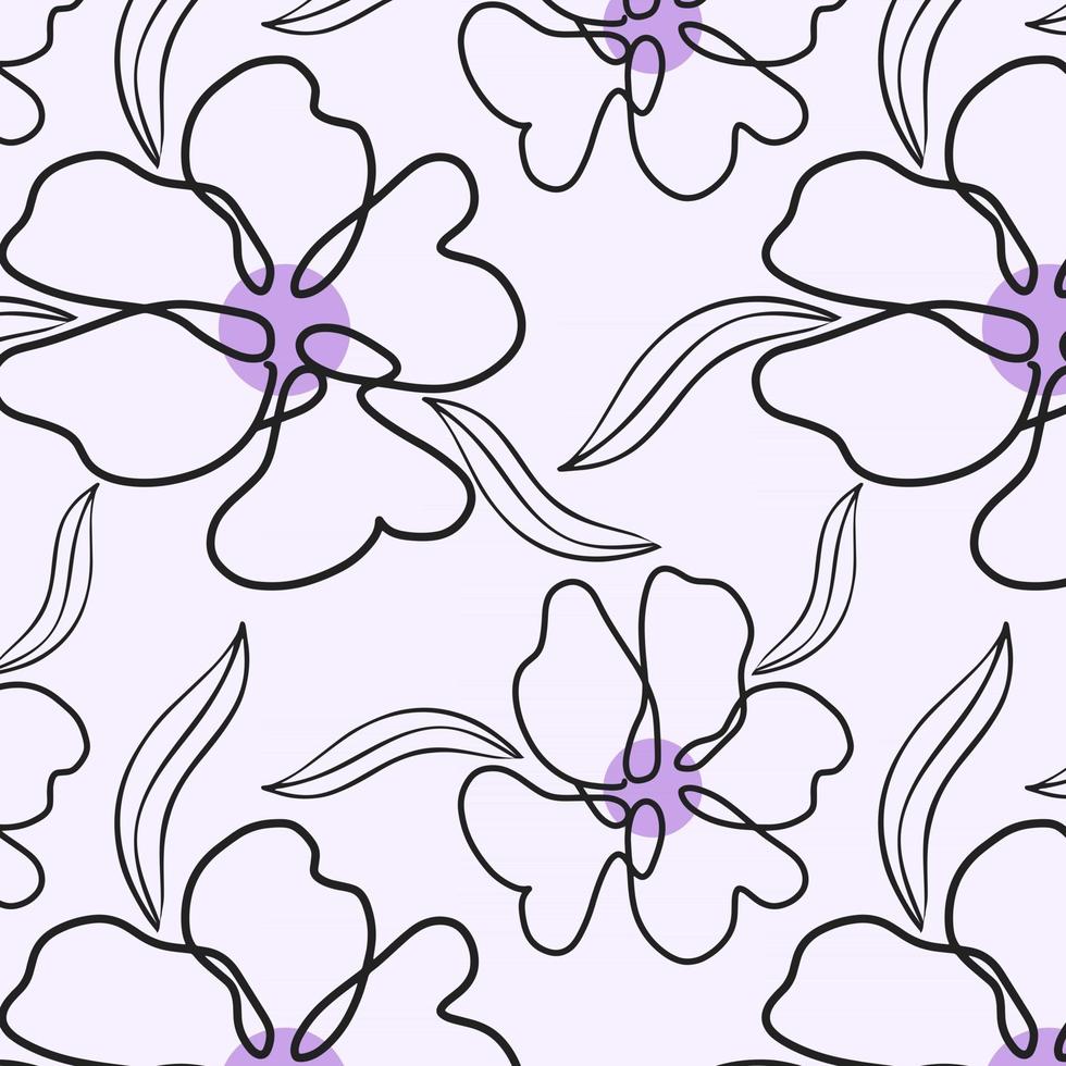 Seamless pattern with monoline flowers and sheets vector illustration