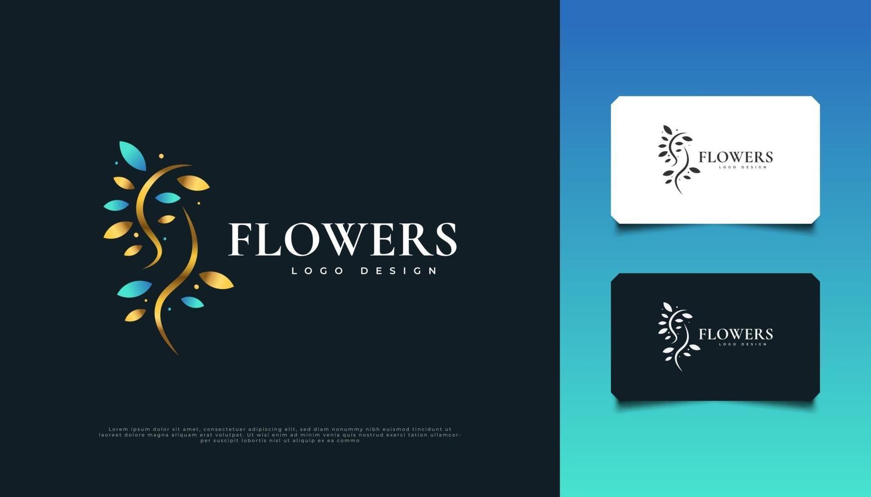 Elegante diseño de logotipo de flores en azul y dorado, adecuado para spa, belleza, floristerías, resort o identidad de producto cosmético. vector