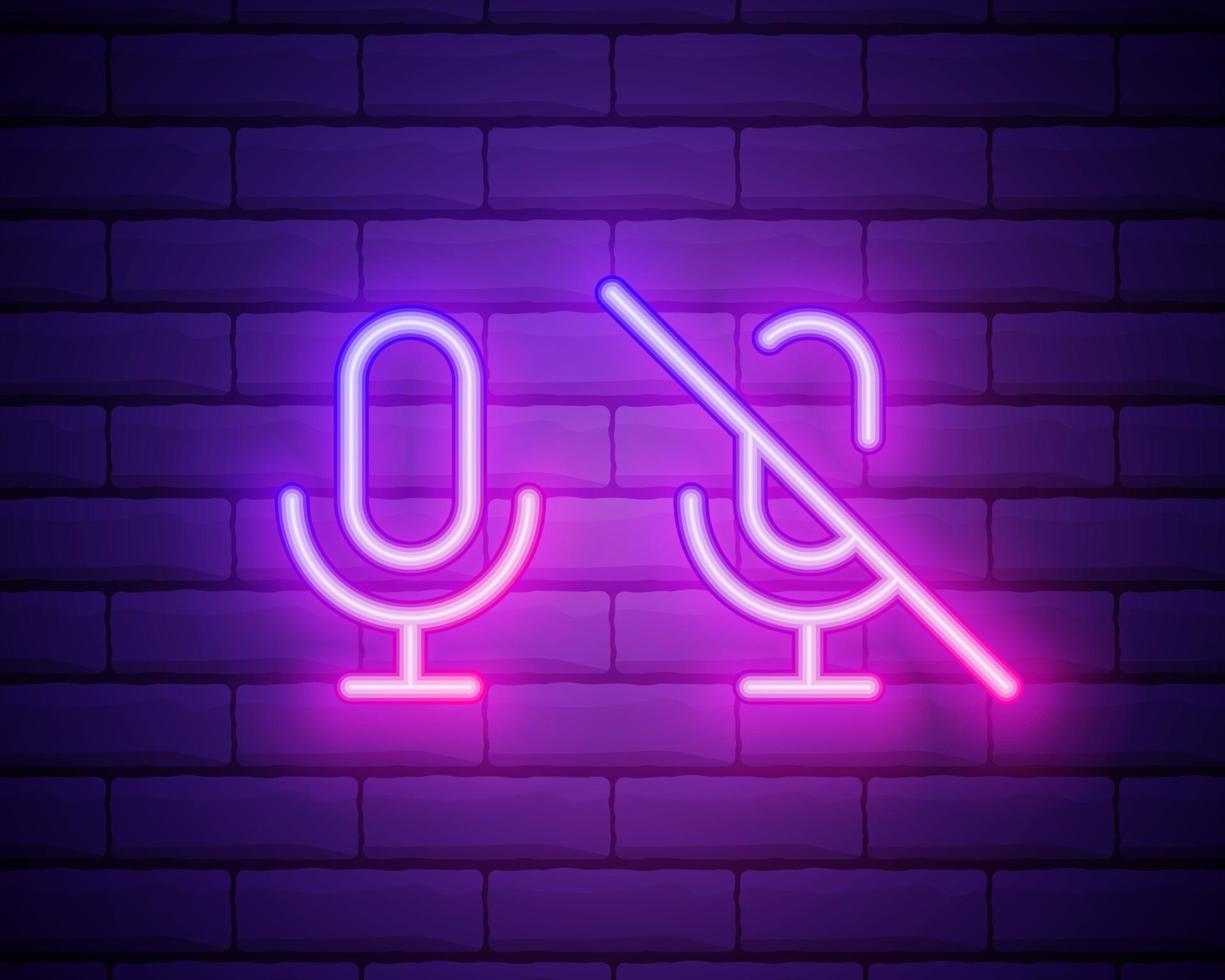 Microphone neon icon. Mic on brick wall background. Studio record concept. Vector illustration can be used for neon signs, billboards, radio stations, broadcasting