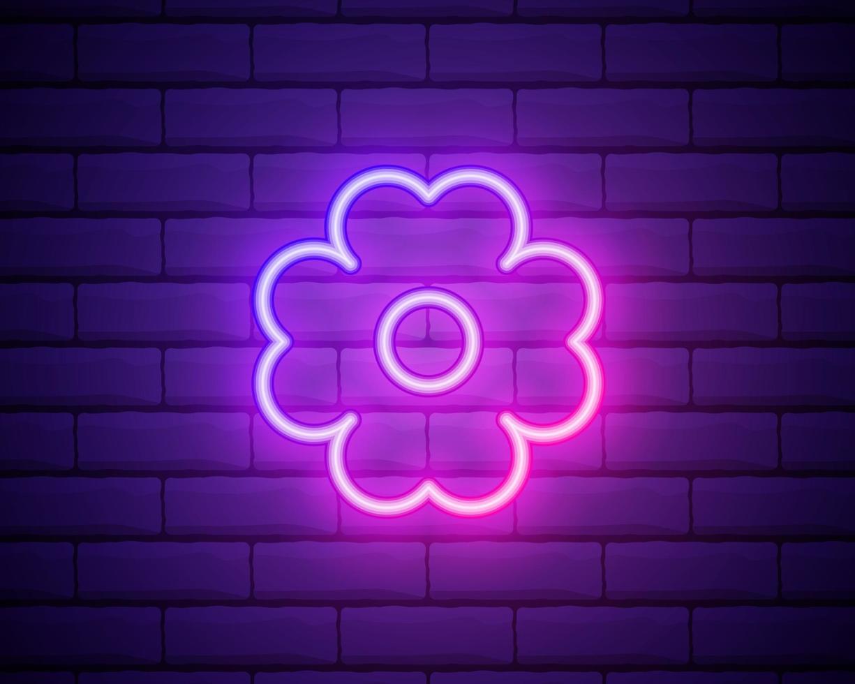 flor rosa brillante neón ui ux icono. vector de logotipo de signo brillante. flor brillante aislado sobre fondo de pared de ladrillo