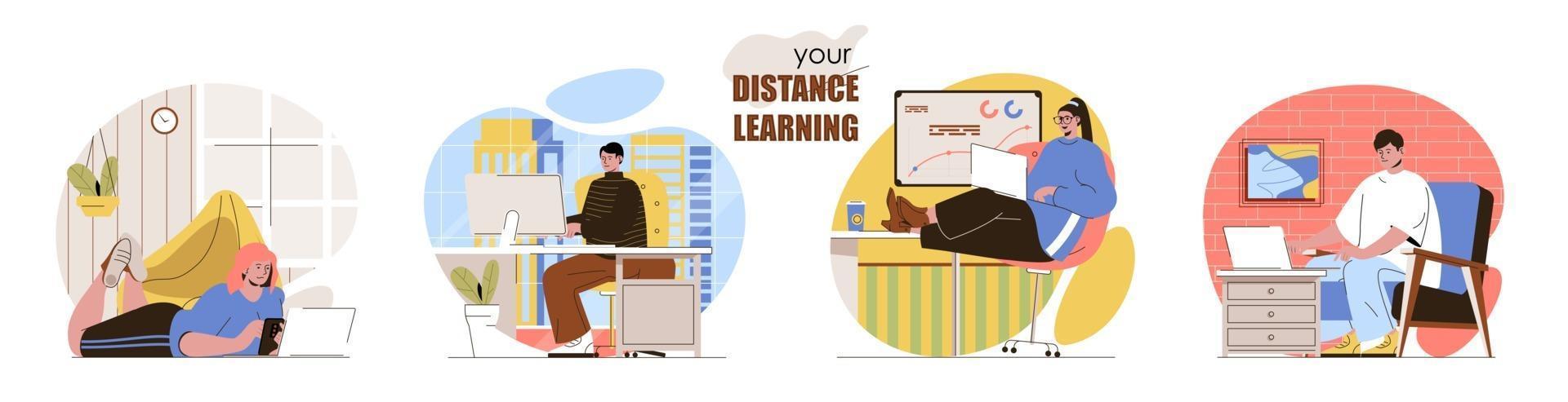 Distance learning concept scenes set vector