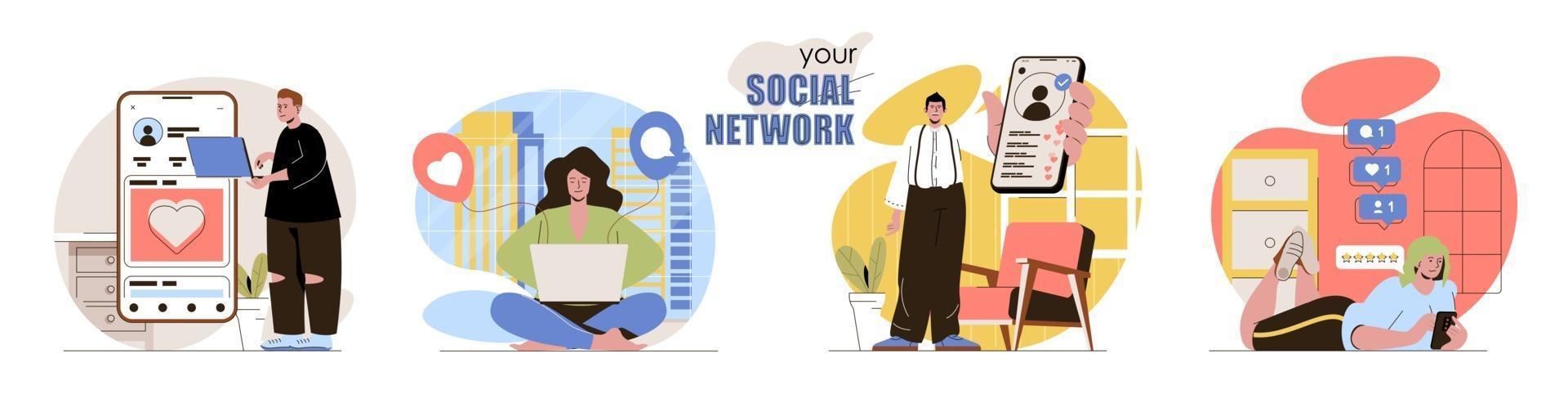 Social network concept scenes set vector