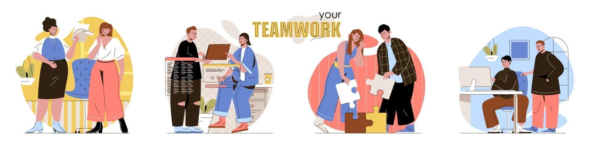 Teamwork concept scenes set vector