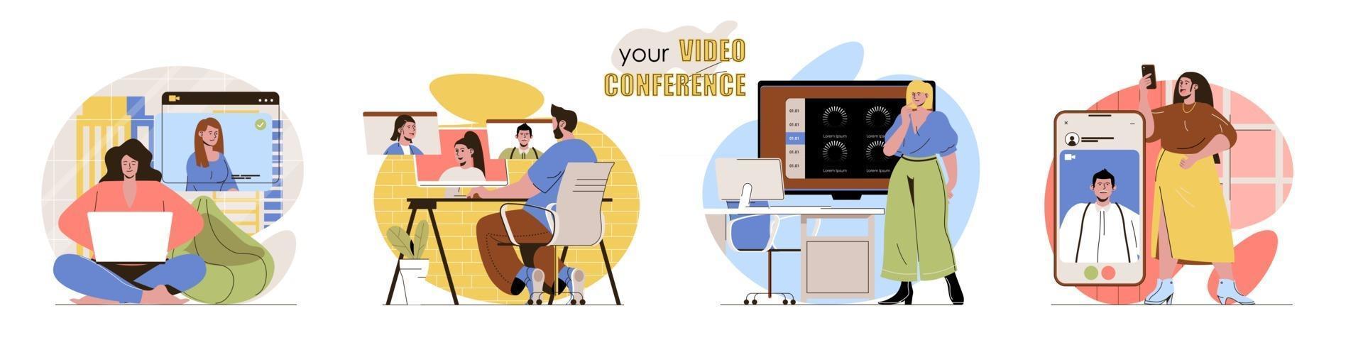 Video conference concept scenes set vector