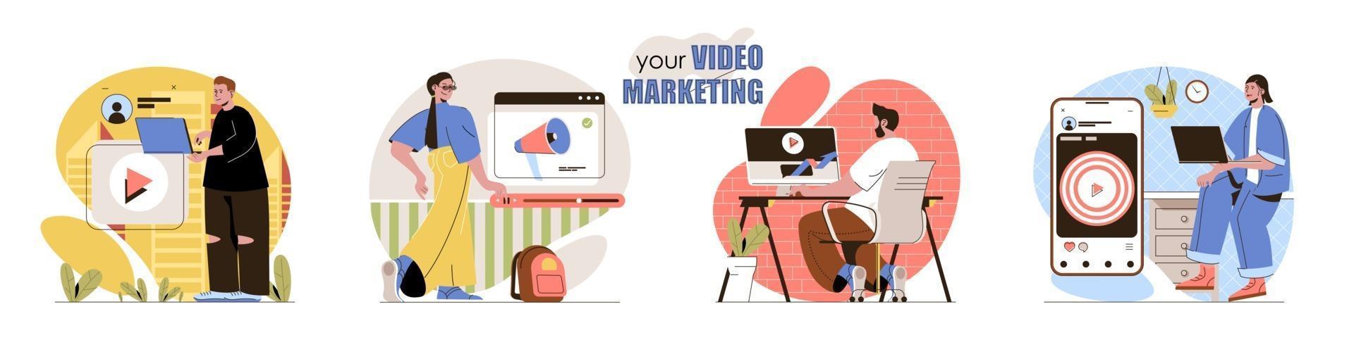 Video marketing concept scenes set vector
