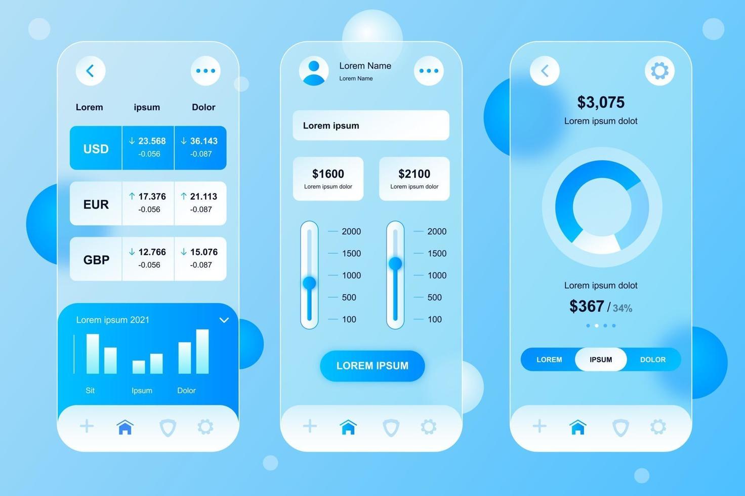 Finance glassmorphic elements kit for mobile app vector