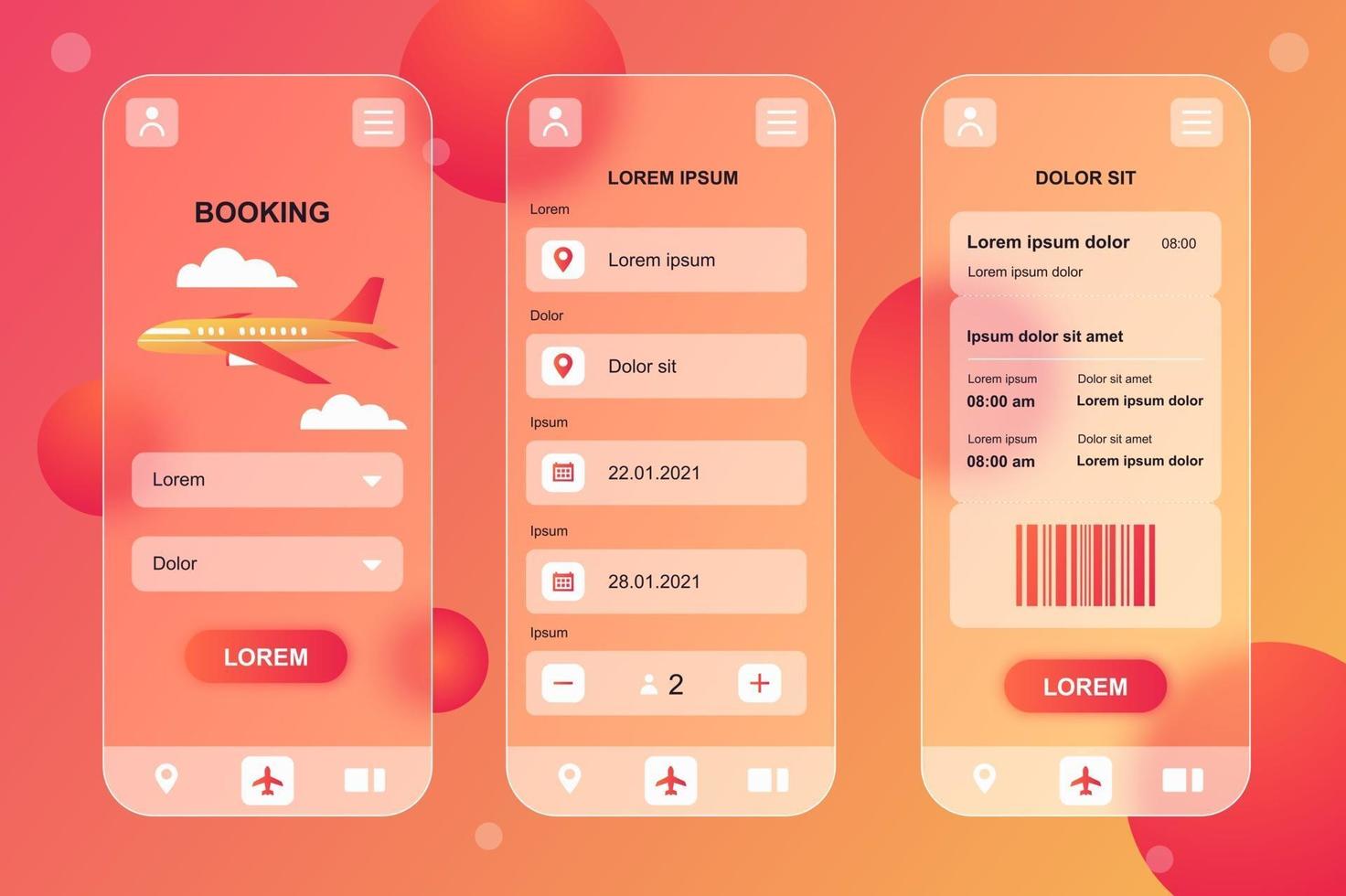 Travel booking glassmorphic elements kit for mobile app vector