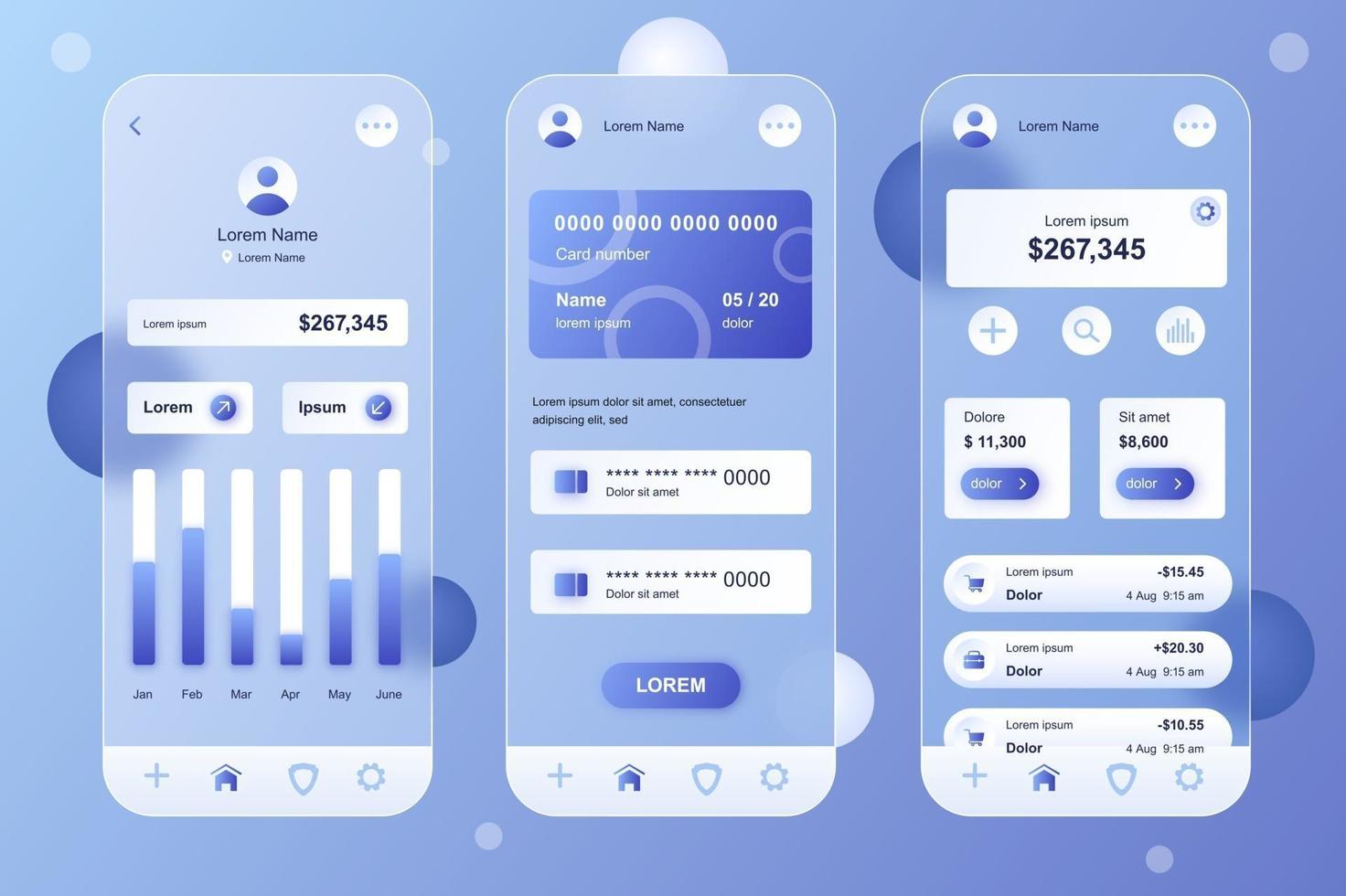 Online banking glassmorphic elements kit for mobile app vector