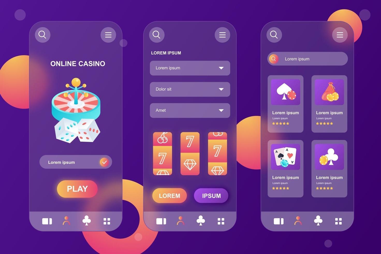 Online casino glassmorphic elements kit for mobile app vector