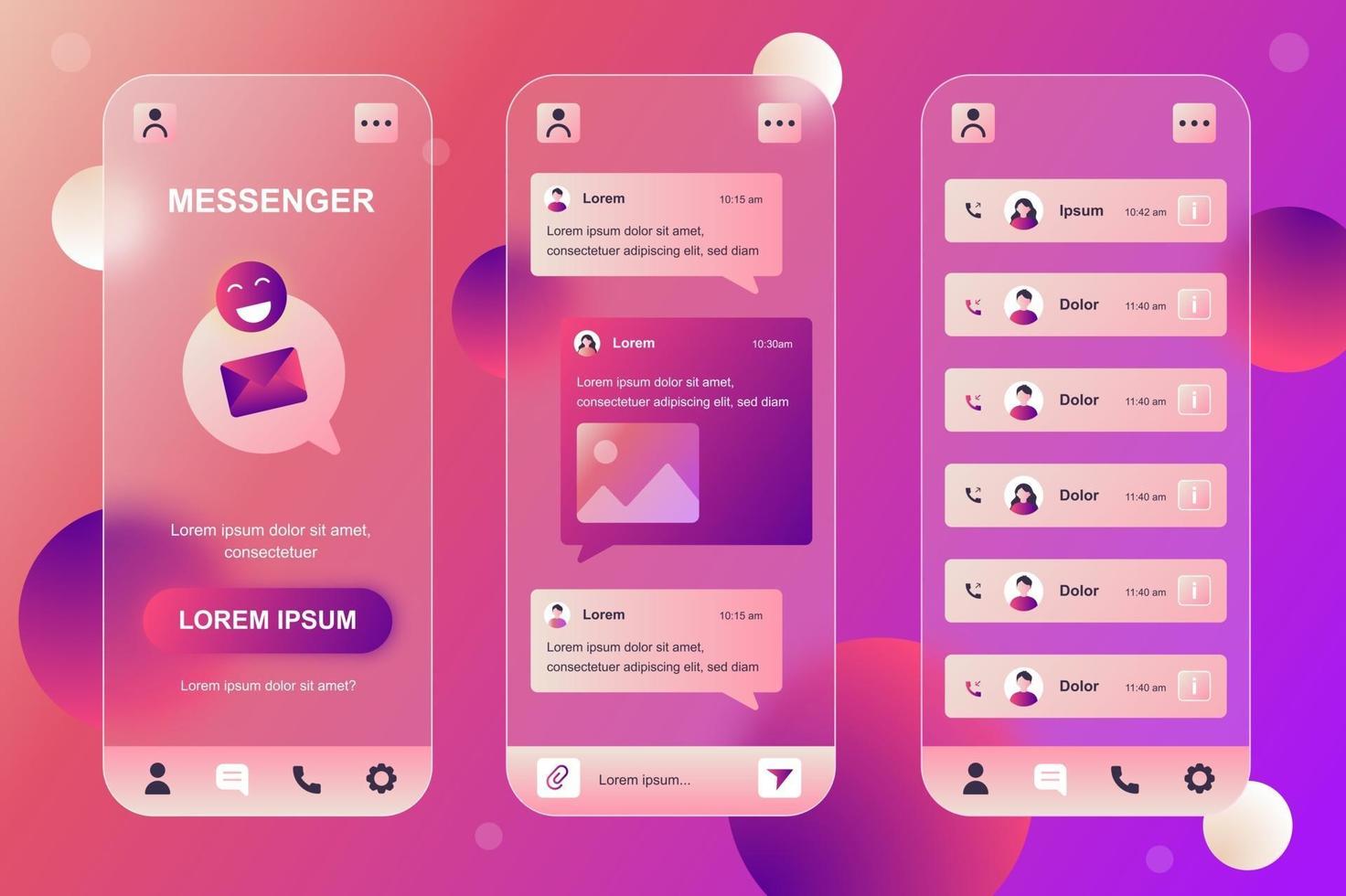 Messenger glassmorphic elements kit for mobile app vector