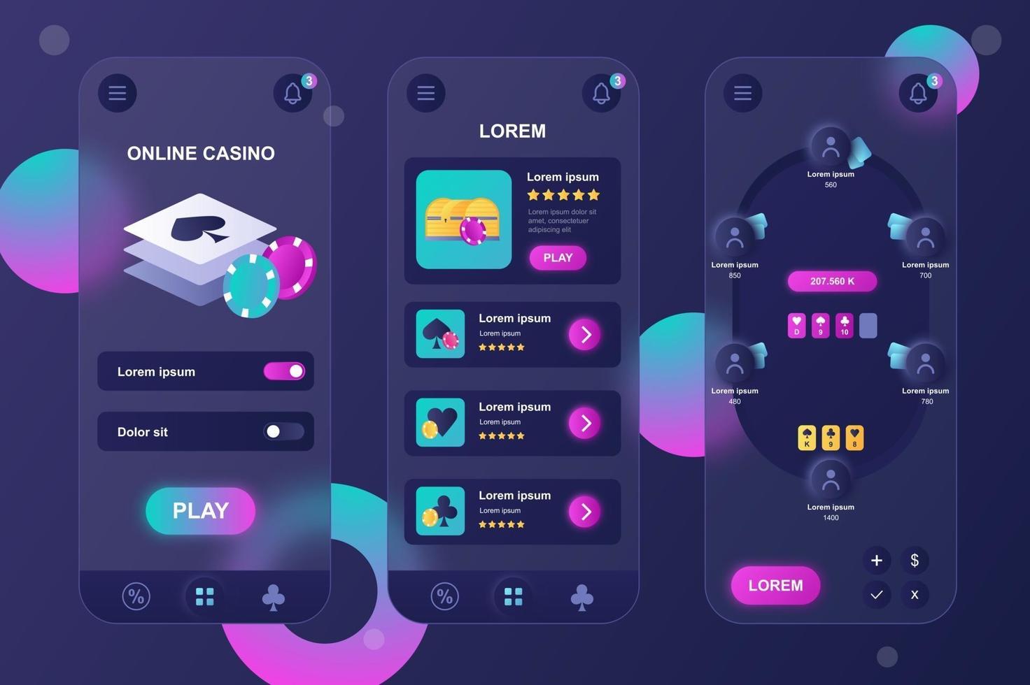 Online casino glassmorphic elements kit for mobile app vector