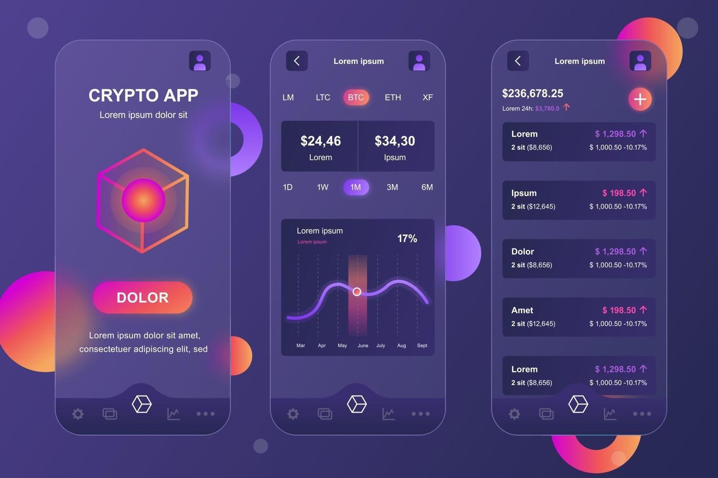 Cryptocurrency glassmorphic elements kit for mobile app vector