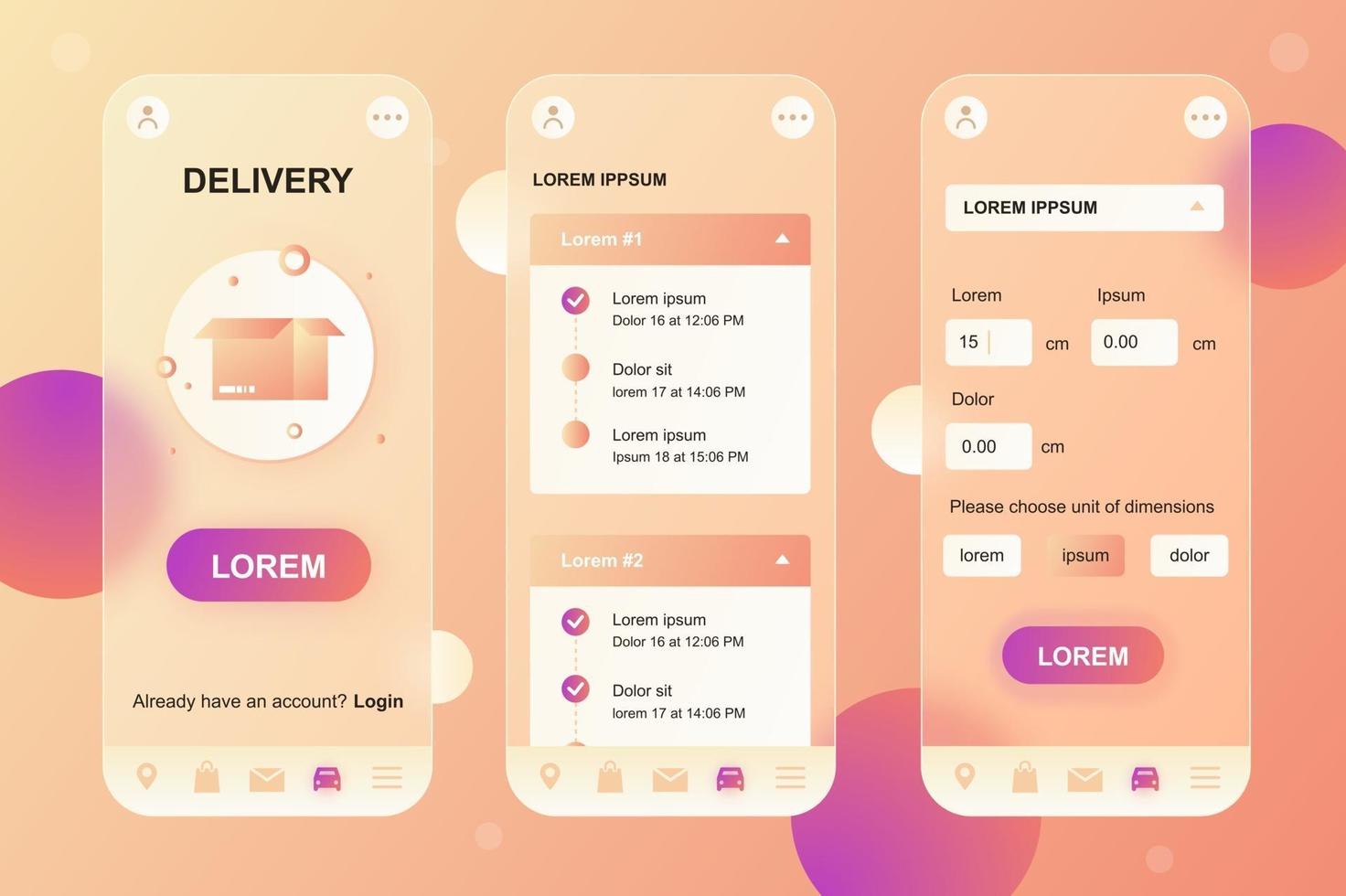 Delivery service glassmorphic elements kit for mobile app vector