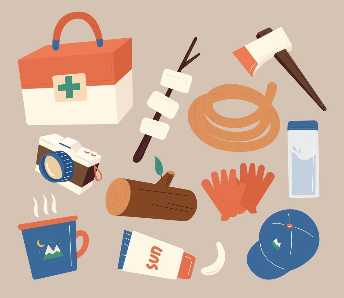 Equipment and camping objects necessary for survival. flat design style minimal vector illustration.