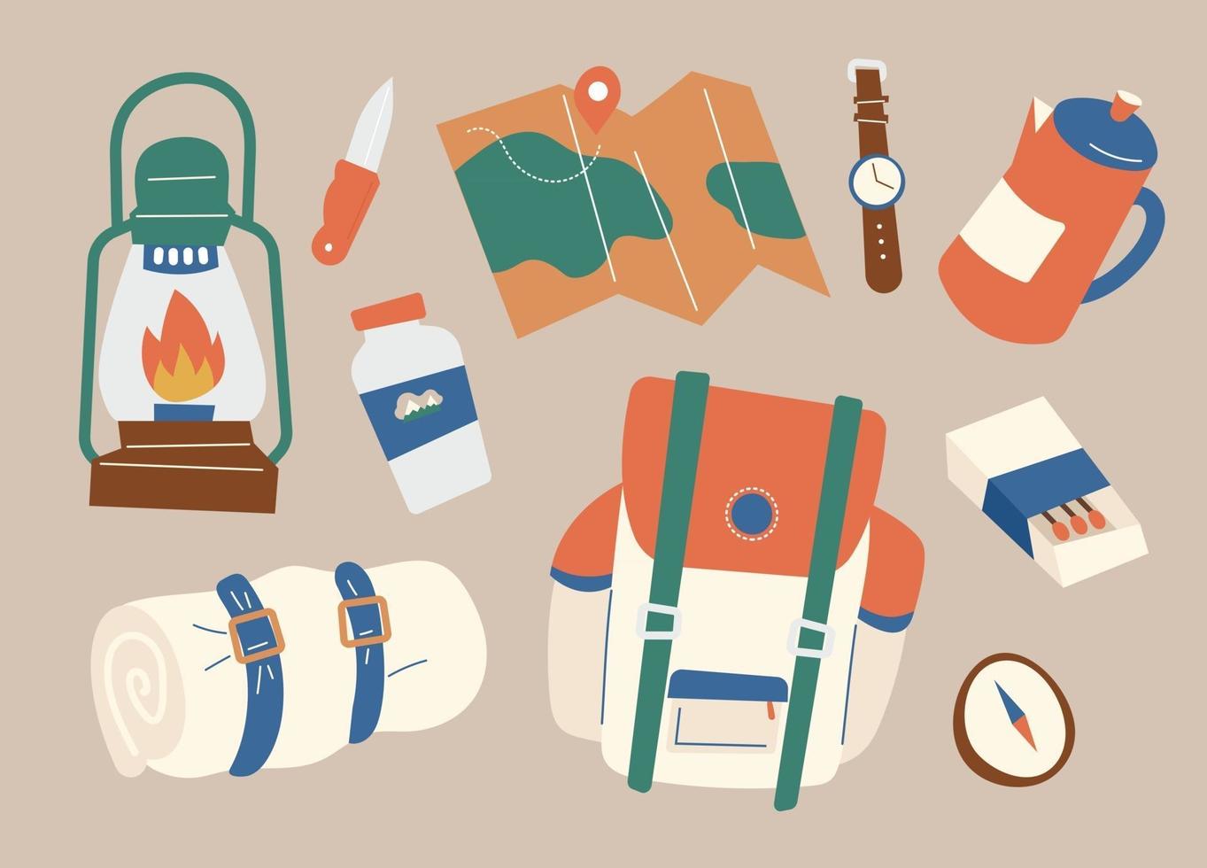 Equipment needed for camping. flat design style minimal vector illustration.