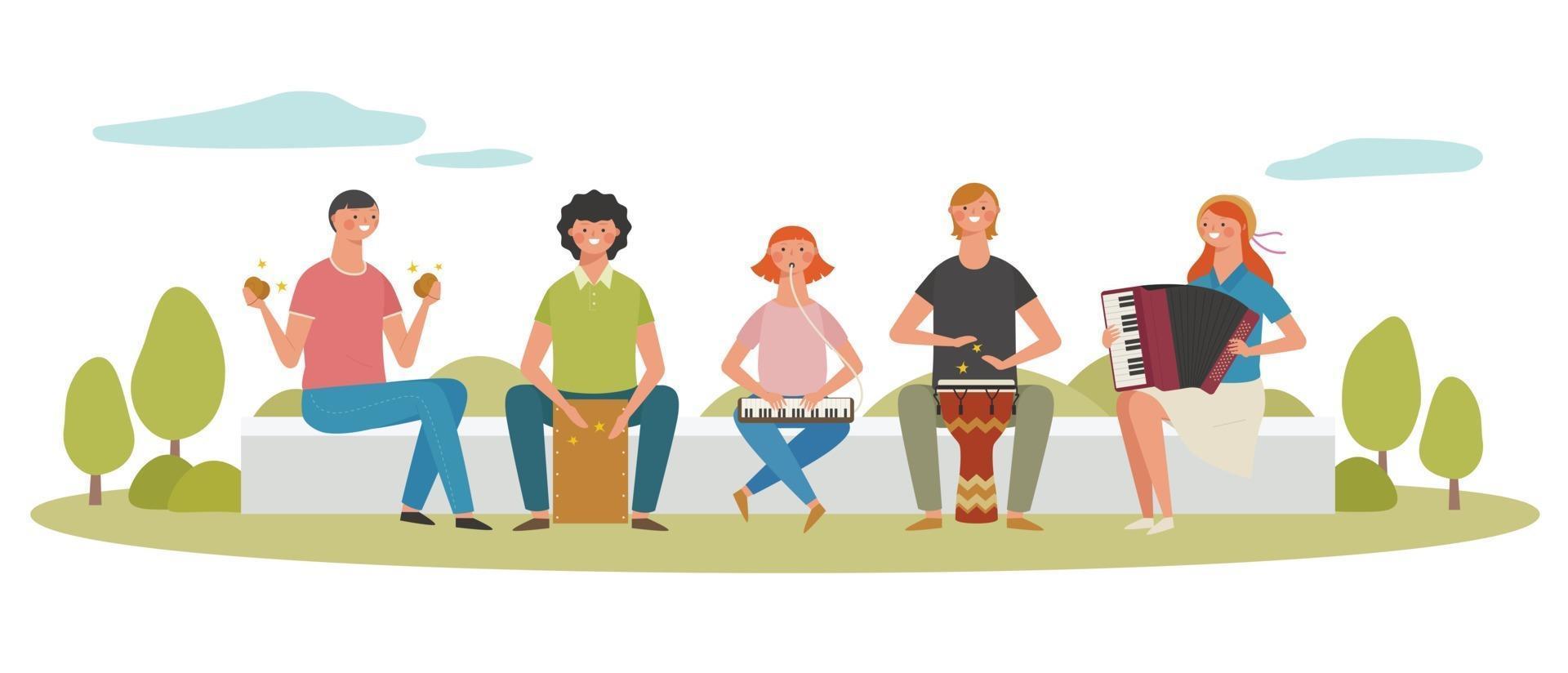 Young people playing musical instruments and singing in the street. vector