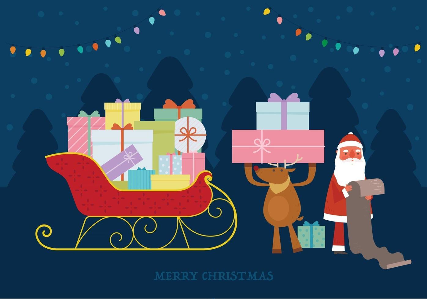 Santa and the reindeer are loading presents on the sleigh, looking at the list. vector