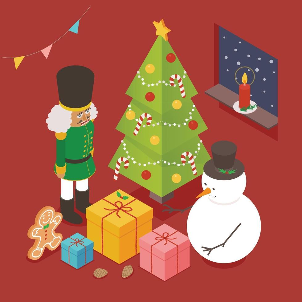 A snowman and a nutcracker gingerbreadman looking at a gift box around the Christmas tree. Isometric view. vector