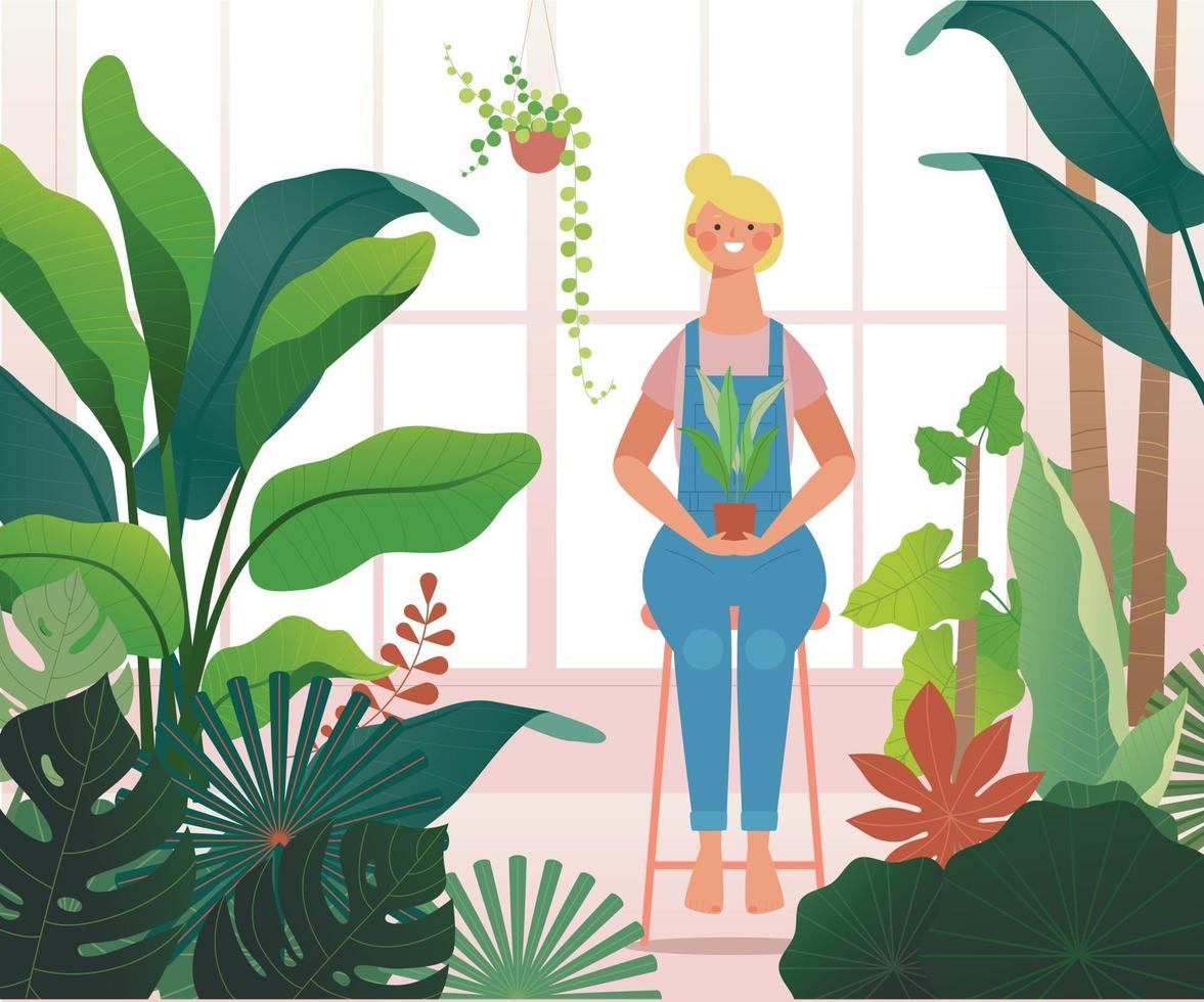 una mujer está sentada en un invernadero lleno de plantas. vector