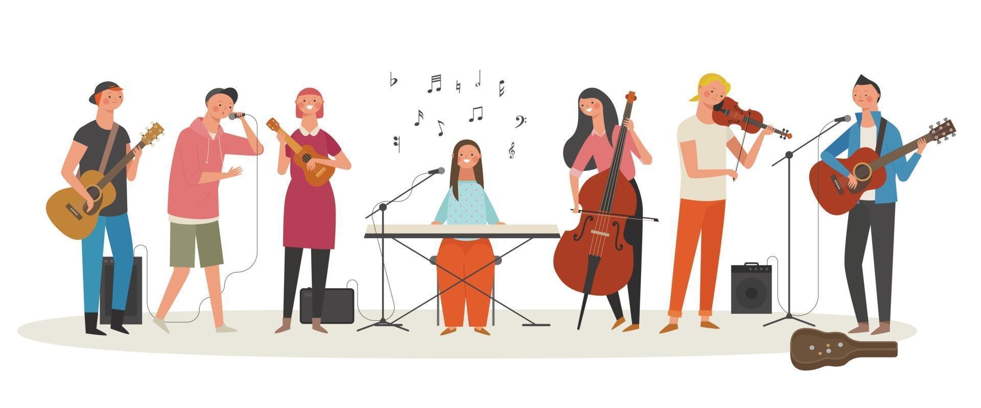 Young people playing musical instruments and singing in the street. vector