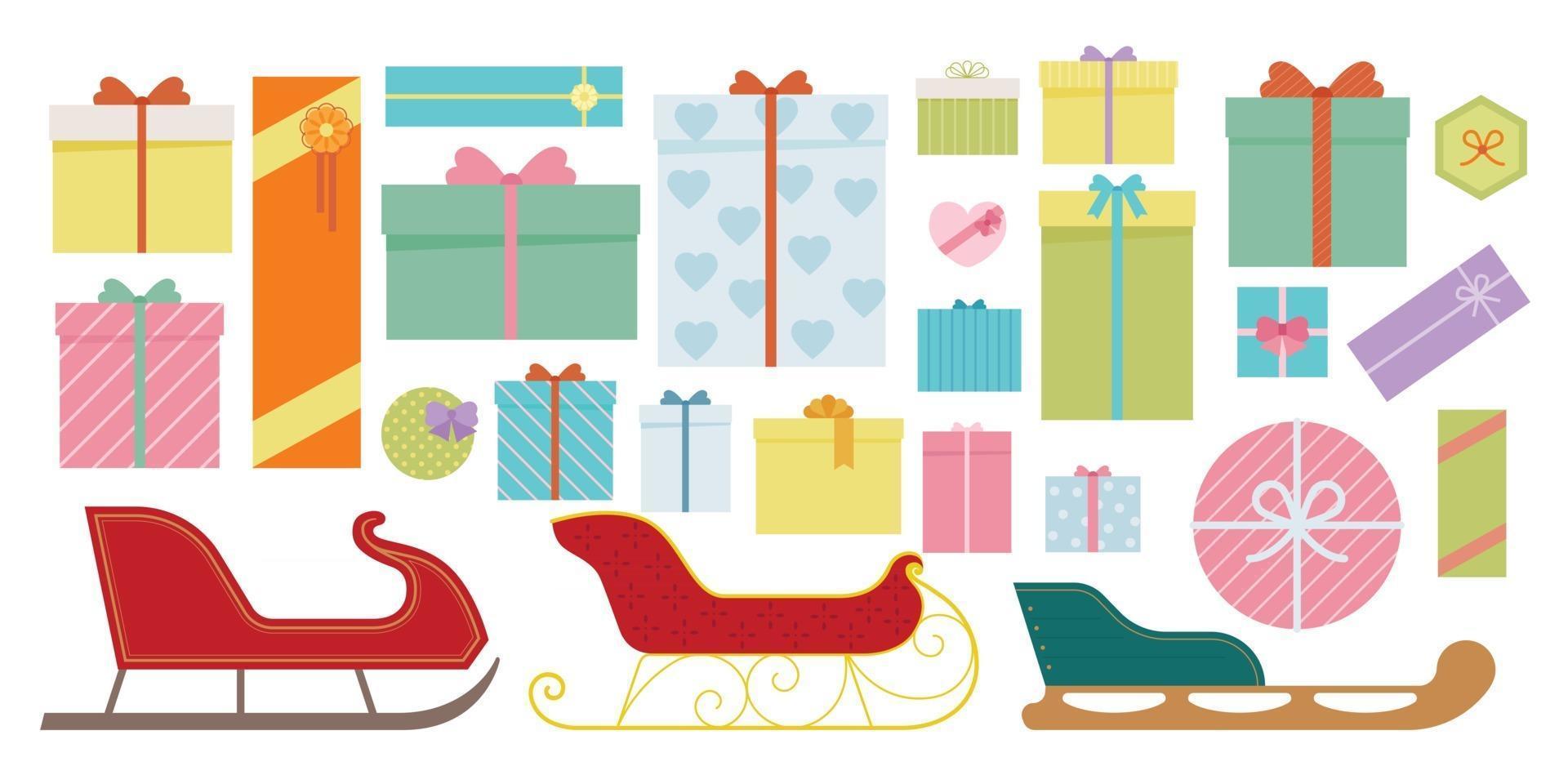 Various designs of sleds and gift boxes. vector