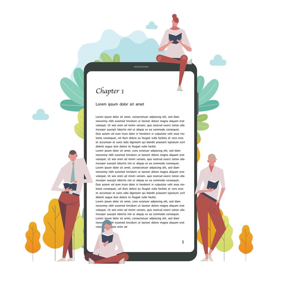 People are reading books leaning on giant digital e-book devices. vector