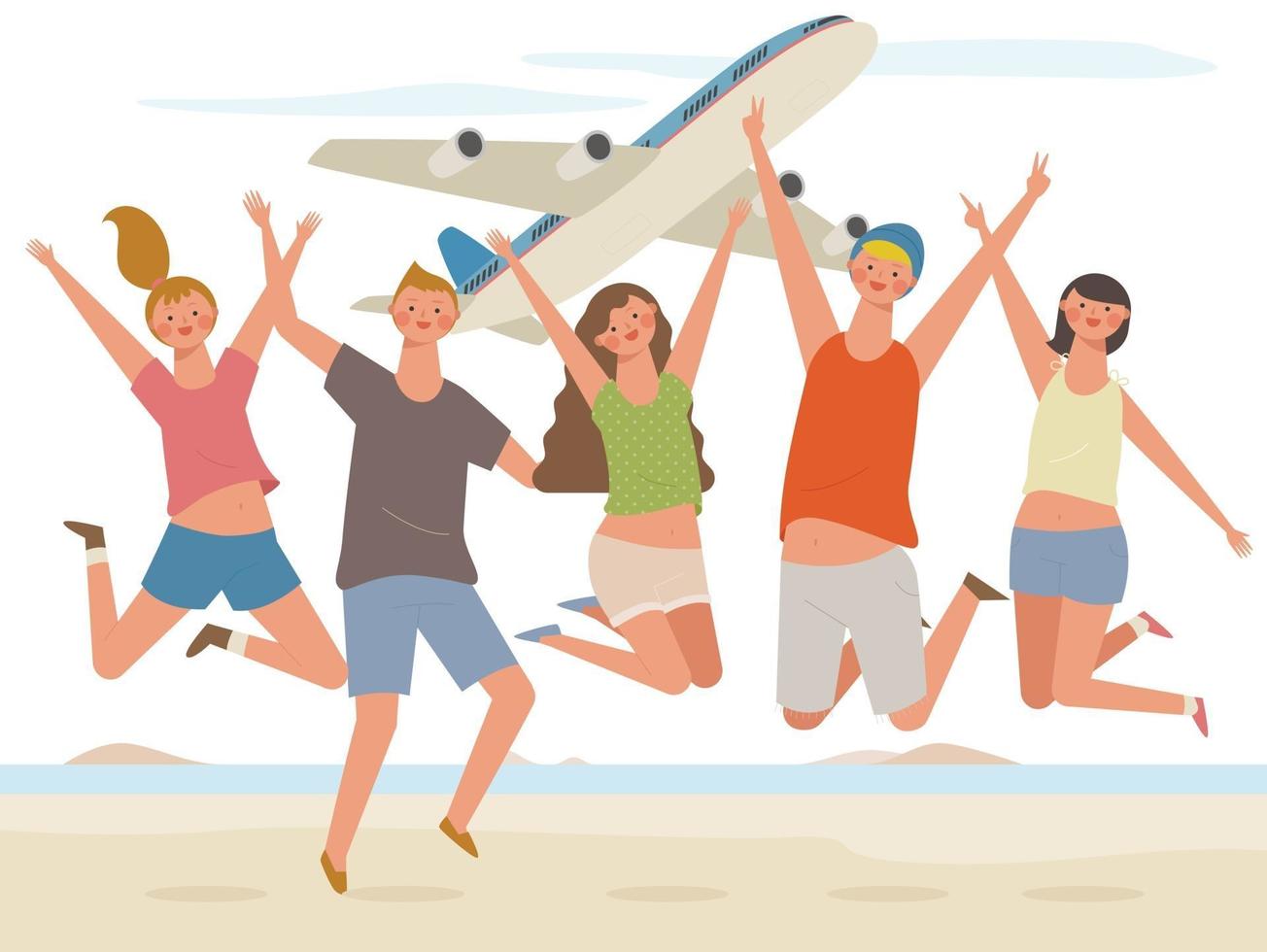 Young people come on a trip and are jumping vigorously. A plane is flying behind them. vector