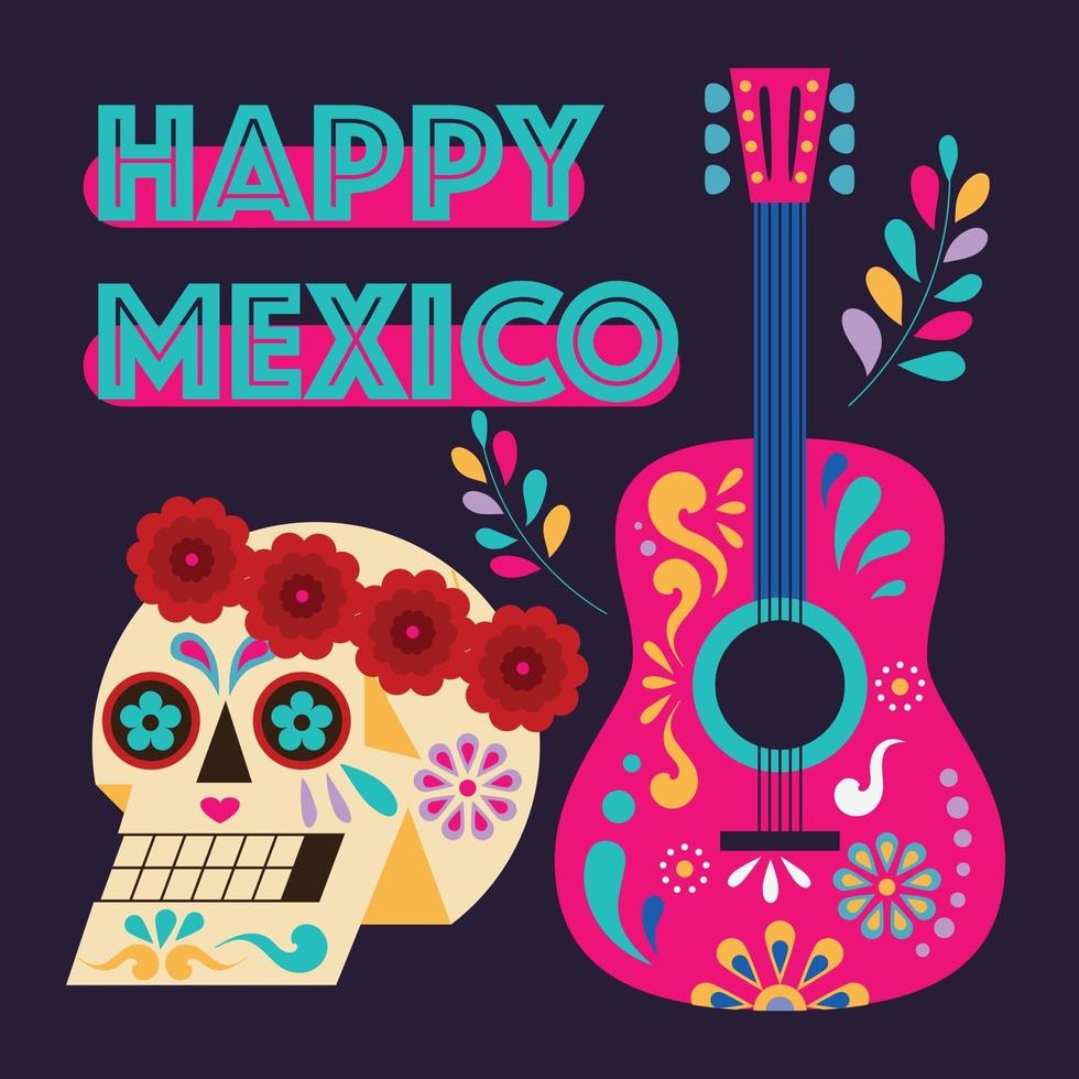 festival tradicional mexicano día de la ilustración del cartel muerto. calavera en una corona y una guitarra con patrones de colores. vector