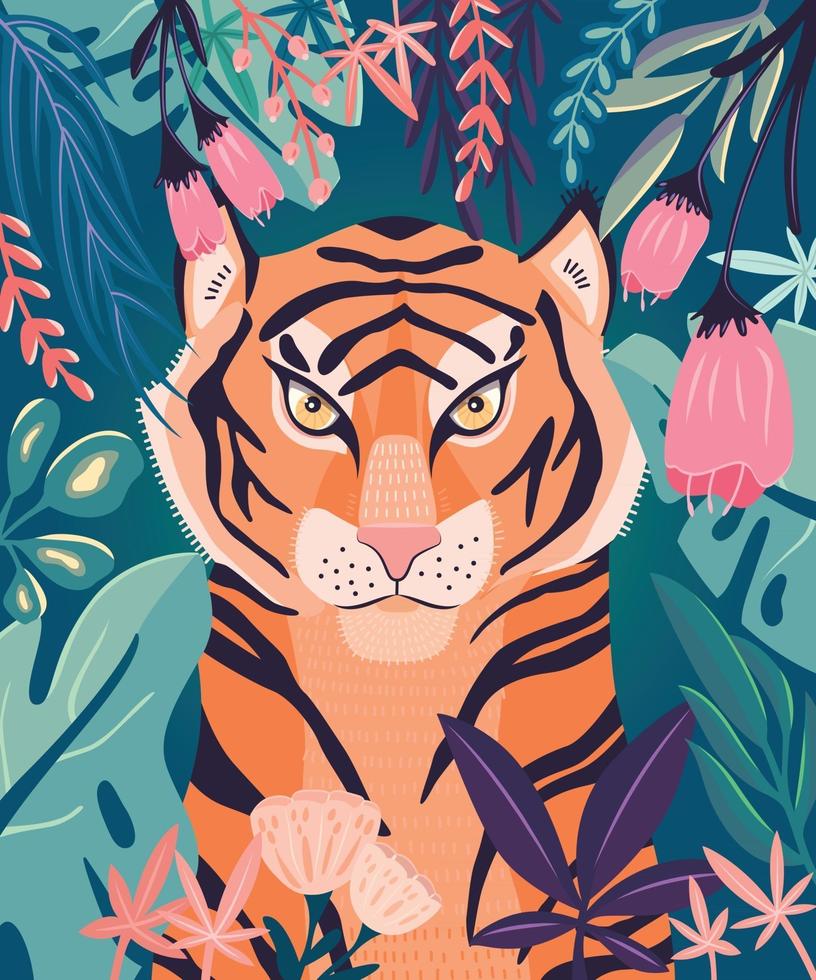 retrato de un tigre en una jungla rodeada de coloridas plantas. ilustración vectorial. vector