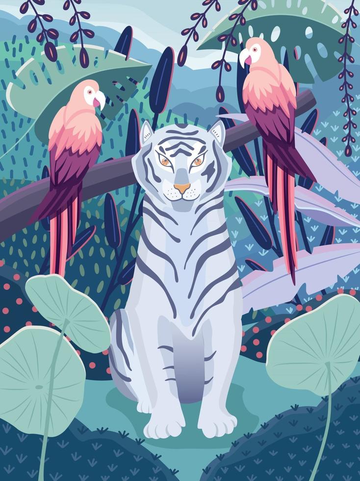 Blue tiger with colorful parrots in a jungle. Beautiful wildlife scene with wild animals and colorful nature. Vector illustration.