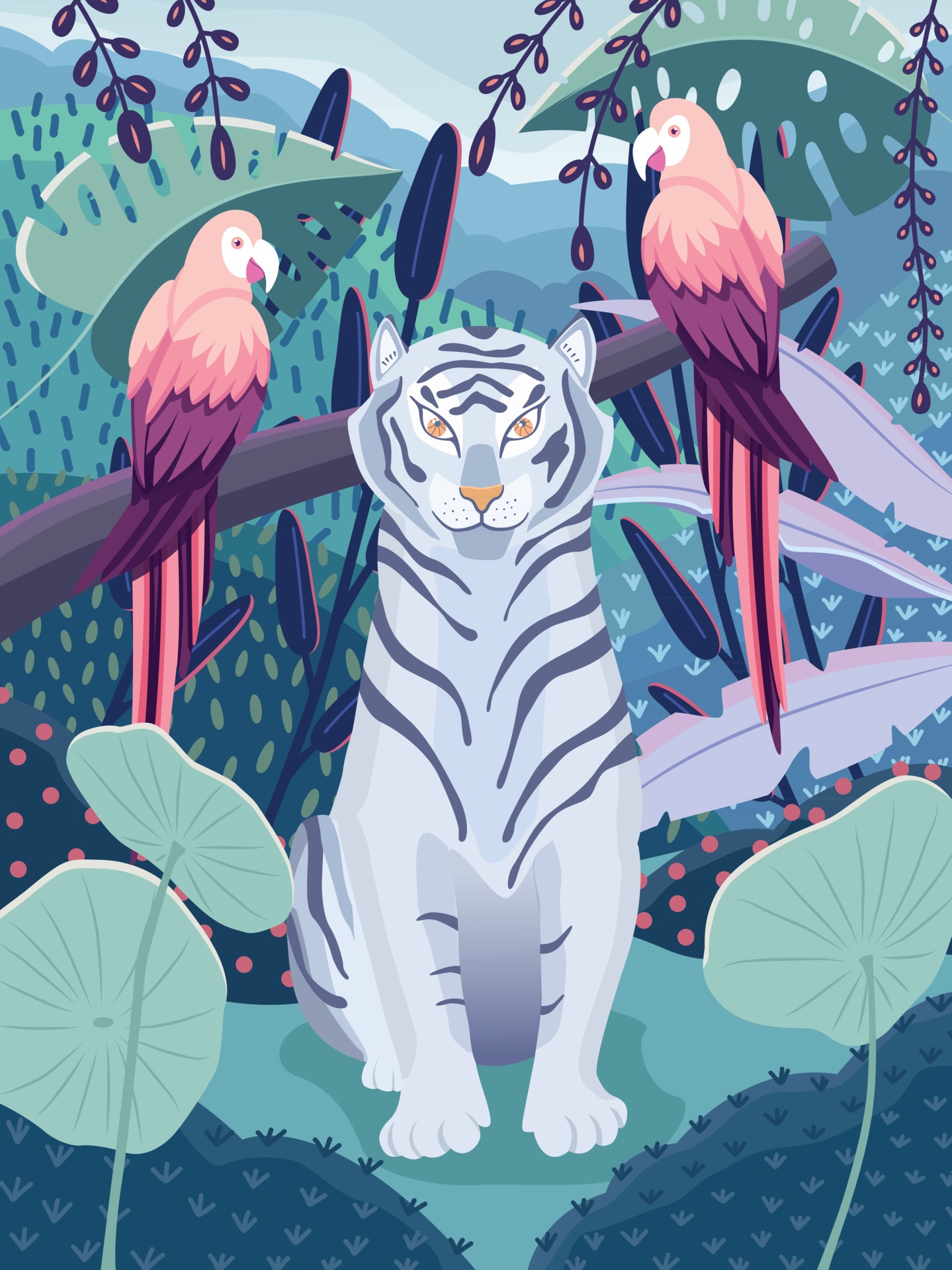 Blue tiger with colorful parrots in a jungle. Beautiful wildlife scene with wild  animals and colorful nature. Vector illustration. 2887261 Vector Art at  Vecteezy